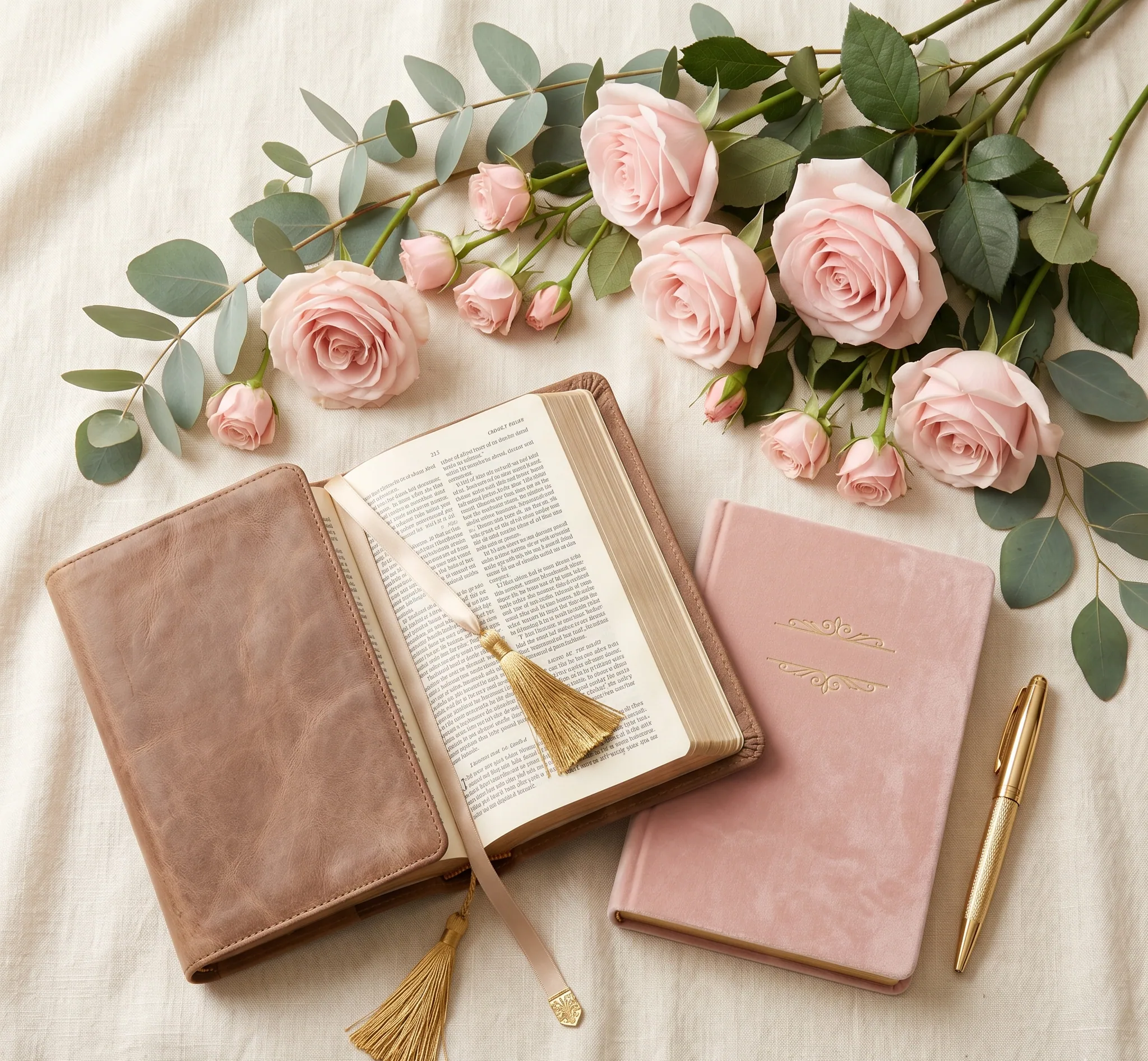 Open Bible and journal with pink roses and gold accents — Her Purpose Pathway