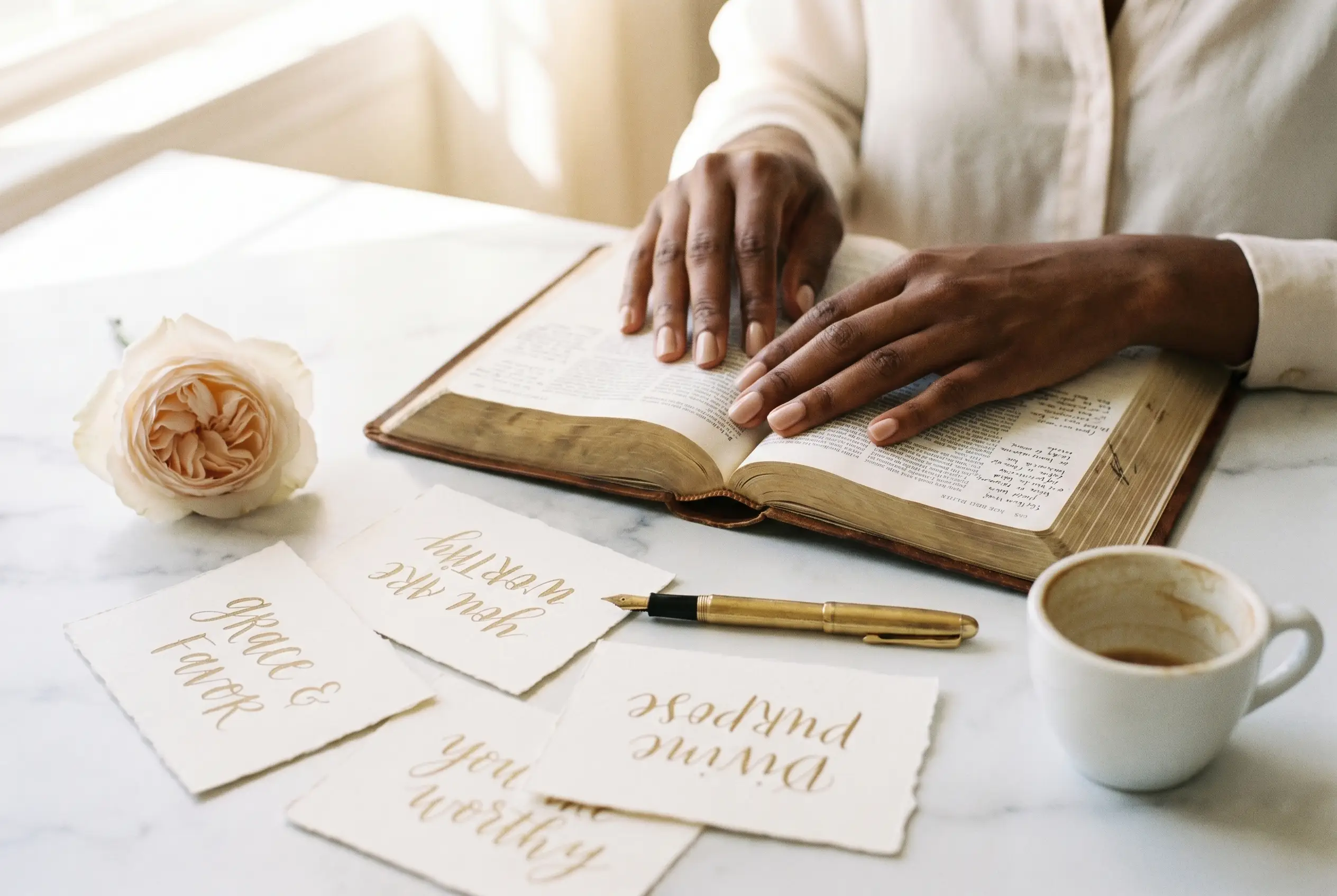 A woman&rsquo;s hands rest on an open leather Bible surrounded by handwritten cream-and-gold affirmation cards on a marble desk in warm morning light