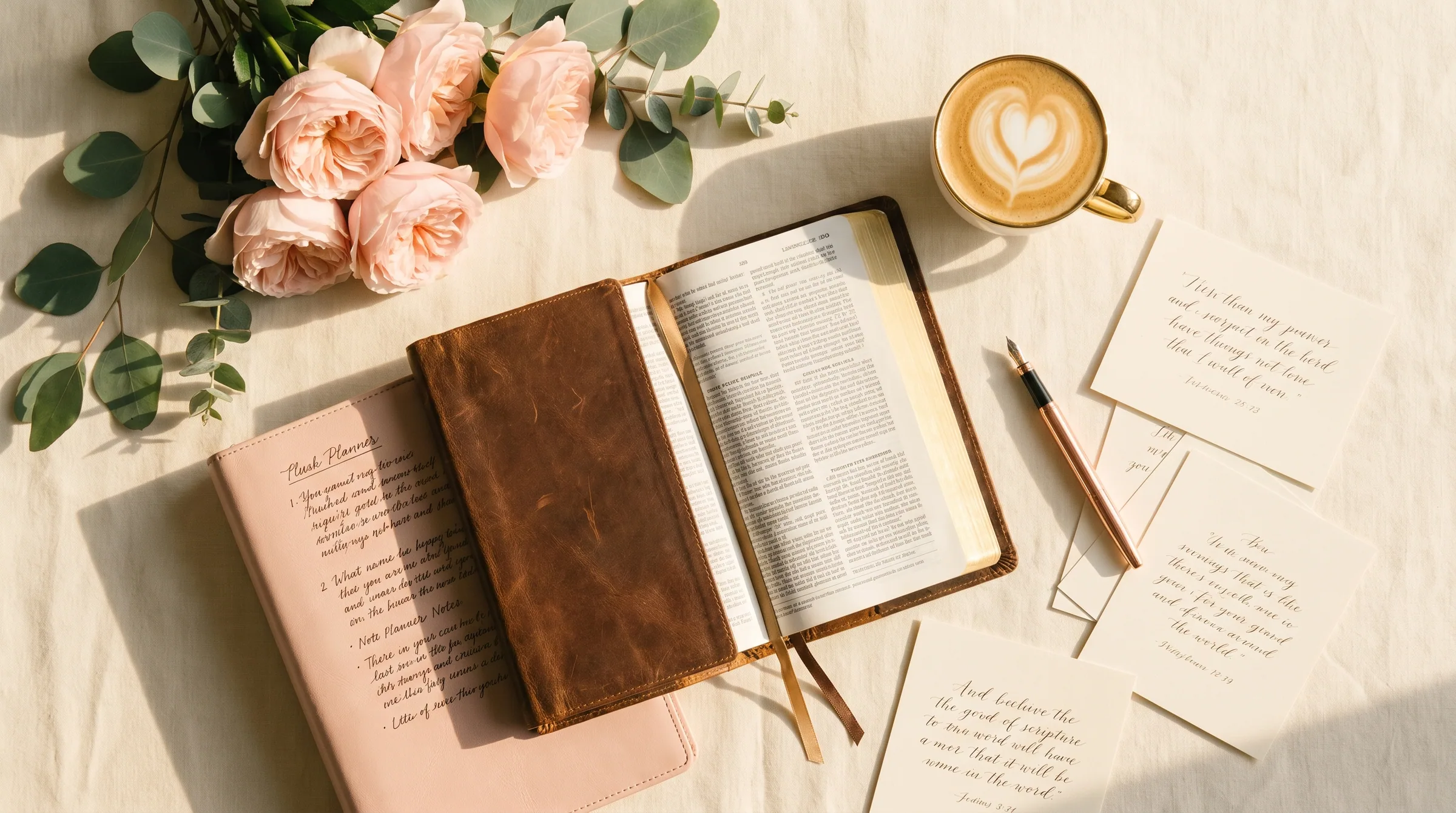 Open Bible, planner with handwritten notes, blush pink roses, sage eucalyptus, golden morning light