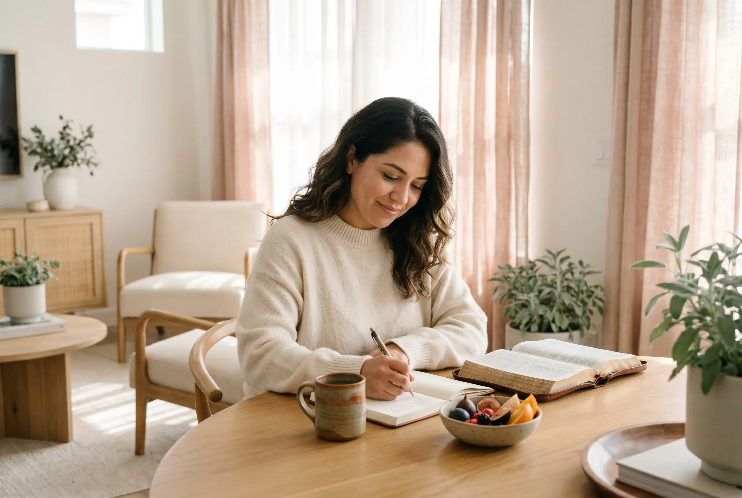 A Christian woman in a cream cashmere sweater journaling at a sunlit table with an open Bible, ceramic mug, and morning light through blush curtains