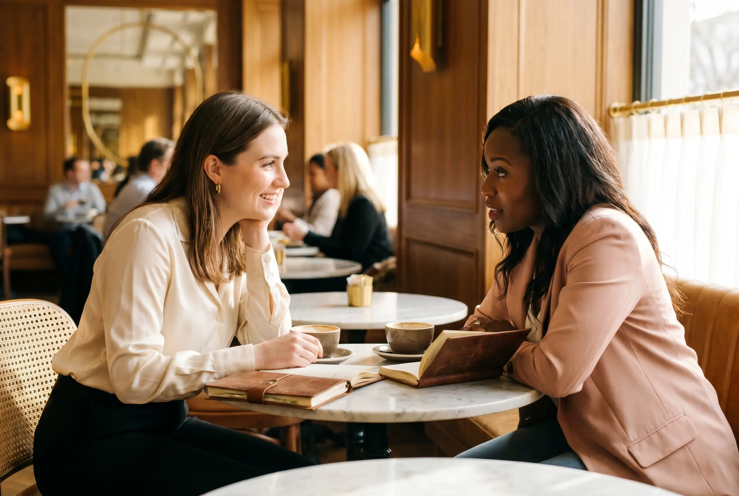 Two Christian women in a sunlit cafe lean in over open journals and coffee cups in deep mentor-and-mentee conversation