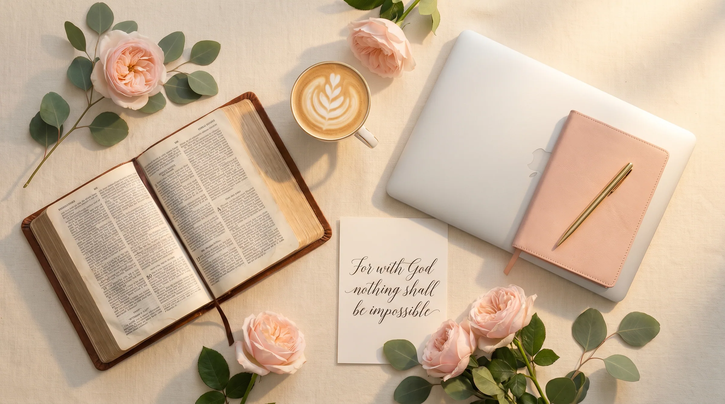 Editorial workspace where faith meets ambition — Bible beside laptop, leather notebook, gold pen, blush roses