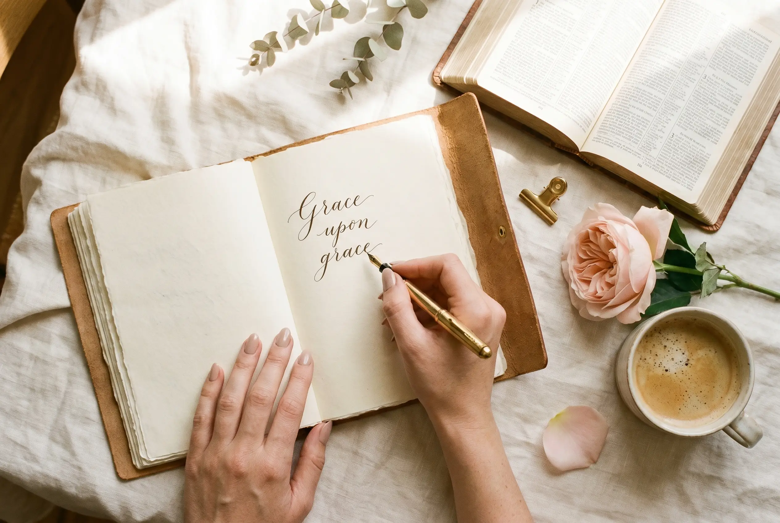 A woman&rsquo;s hands writing in a leather journal beside an open Bible, a gold pen, and a single blush rose on cream linen