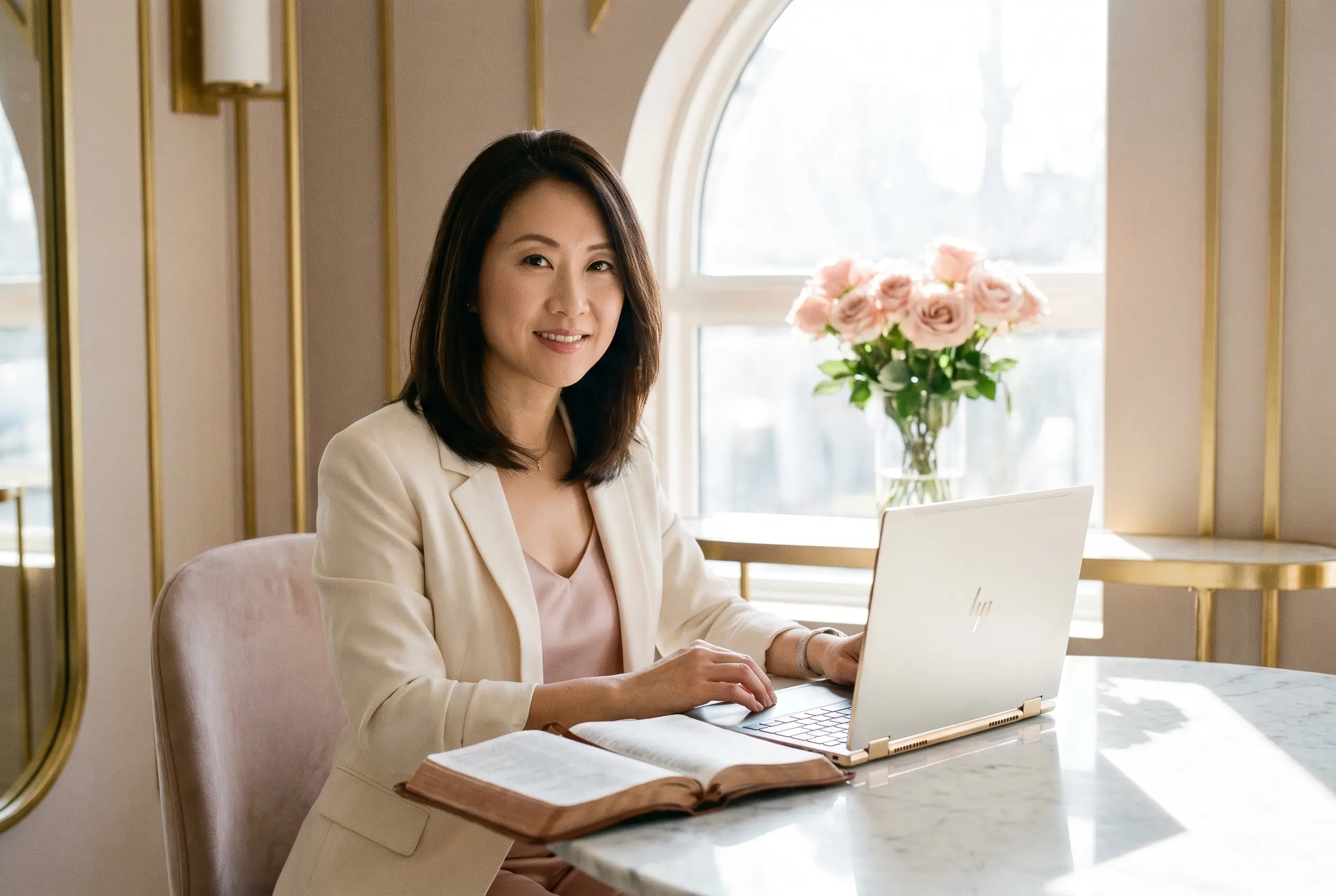 A poised Christian career woman in an ivory blazer at a marble desk with her laptop, leather Bible, and pink roses by an arched window