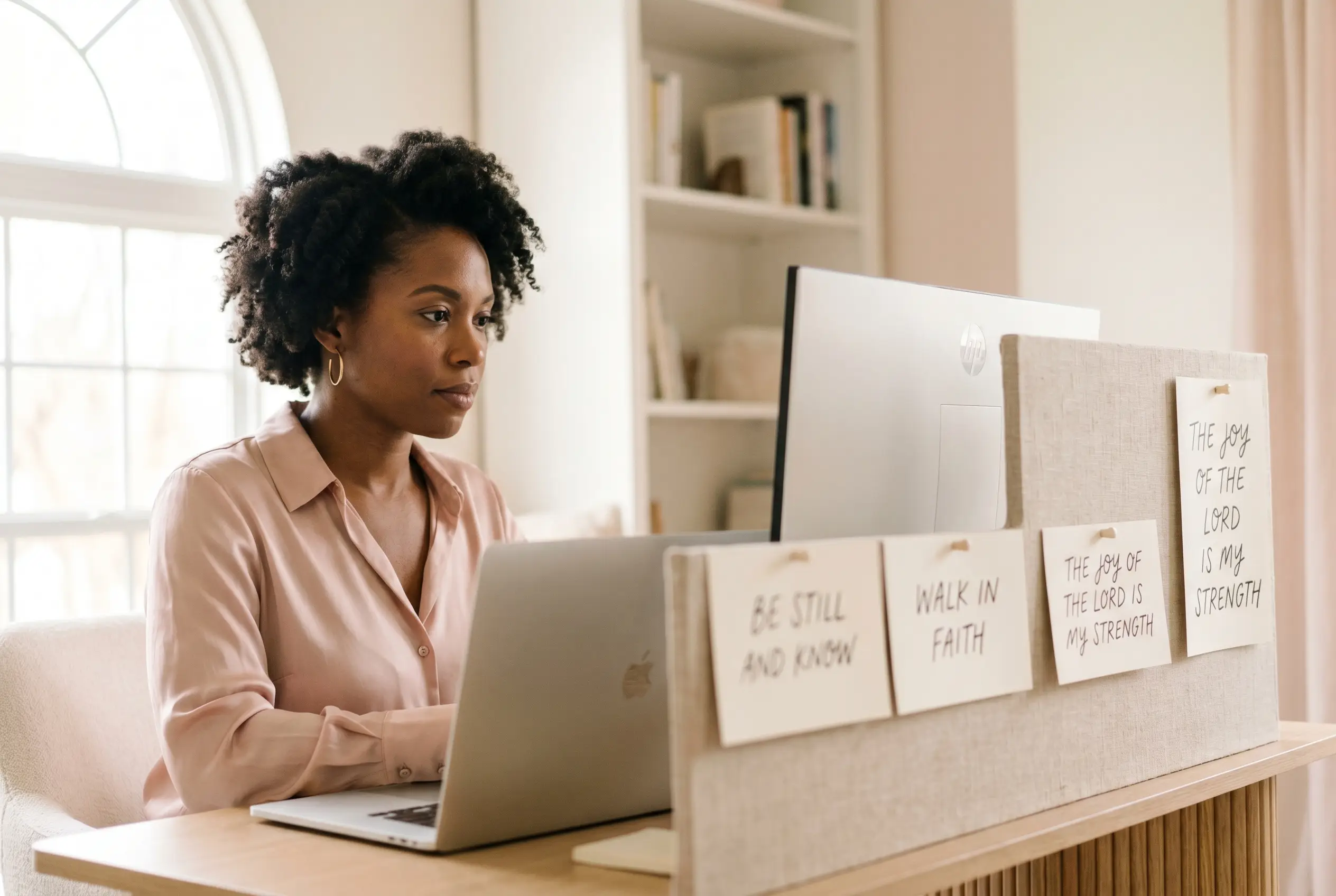 A Christian career woman in a blush silk blouse works at her desk with handwritten Bible verse cards pinned along the edge of her monitor