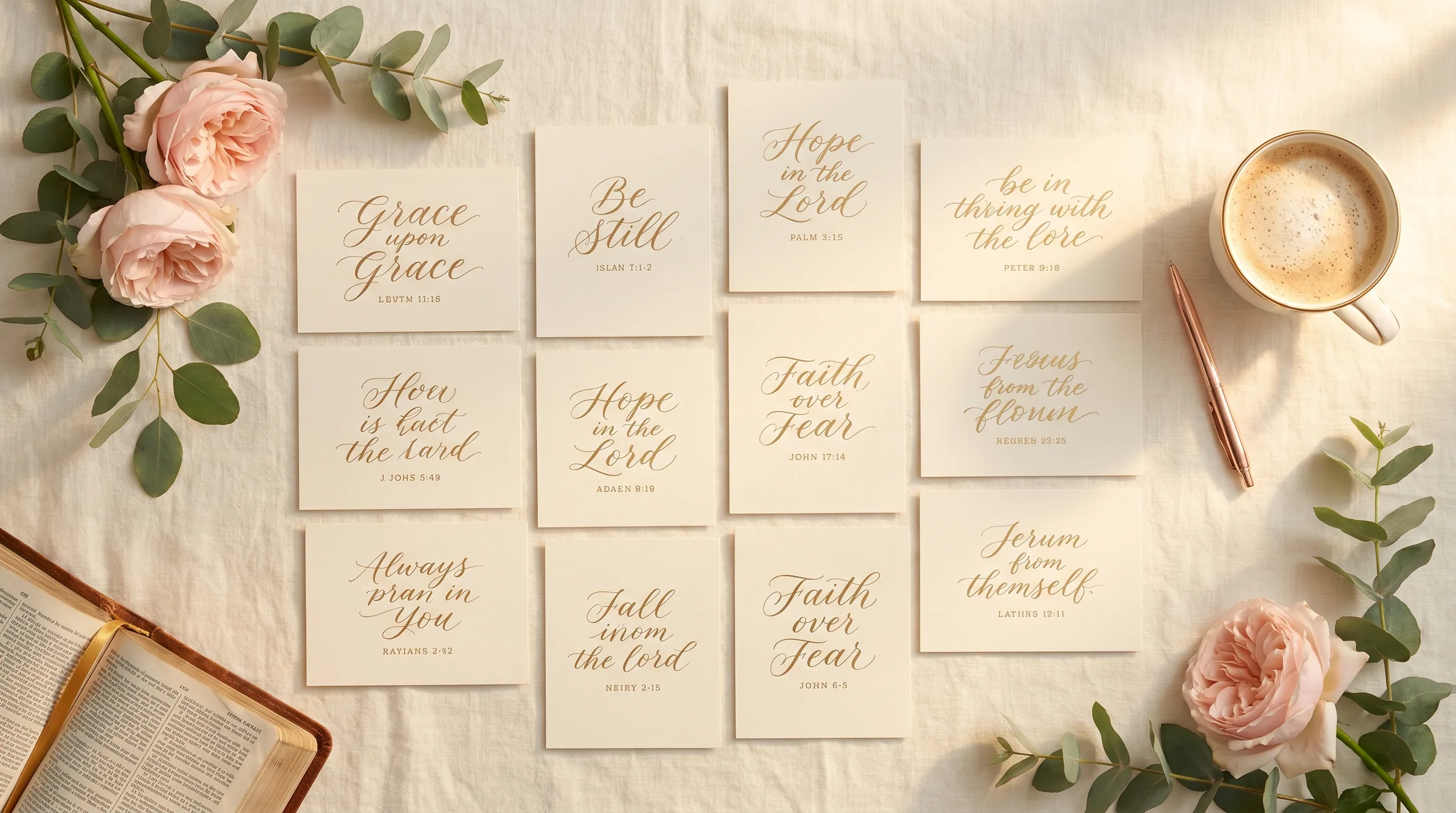 Twelve scripture verse cards on warm ivory linen with blush roses, sage eucalyptus, and a leather Bible