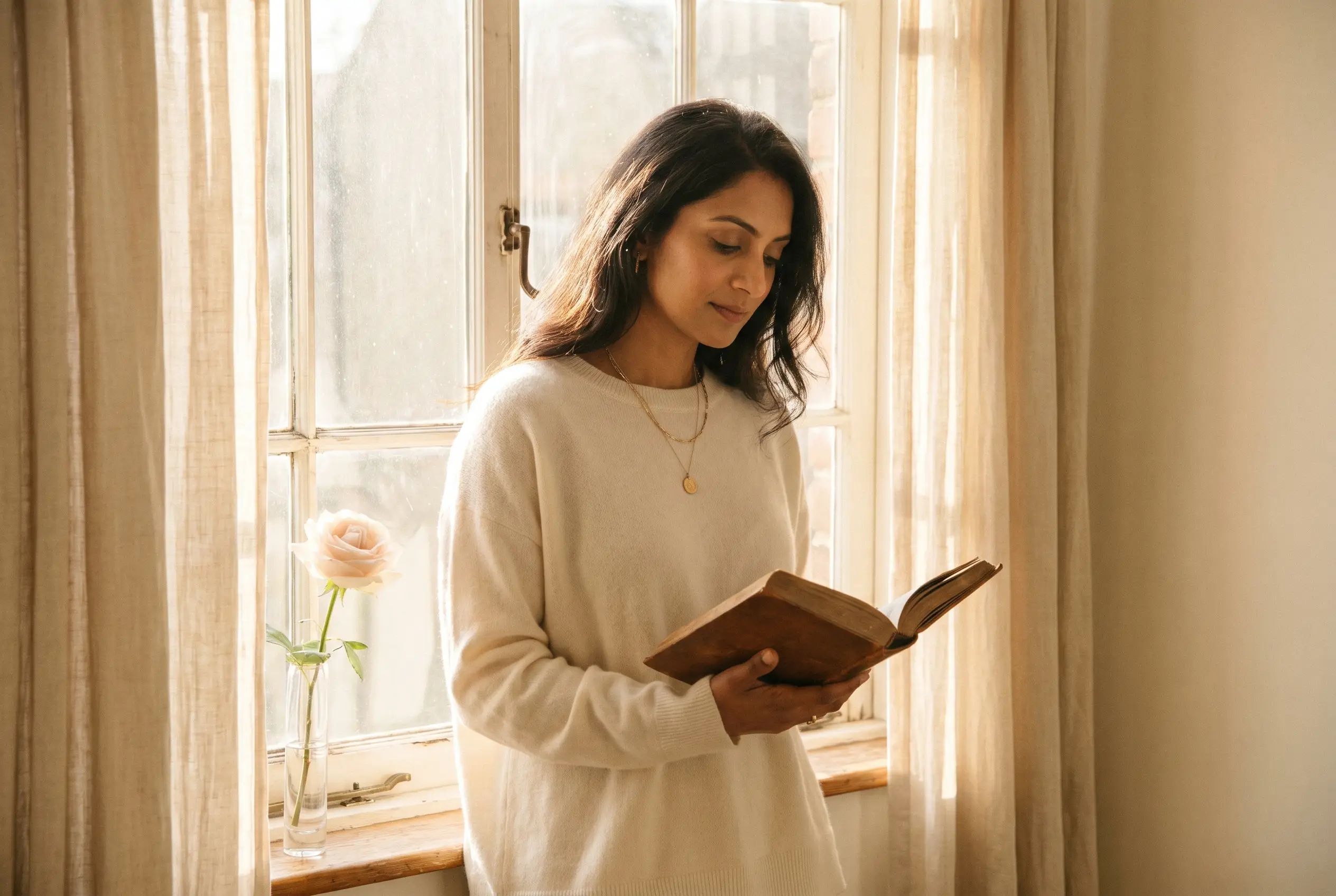 A Christian woman in an ivory cashmere sweater holds an open leather Bible by a sunlit window with sheer linen curtains and a single blush rose