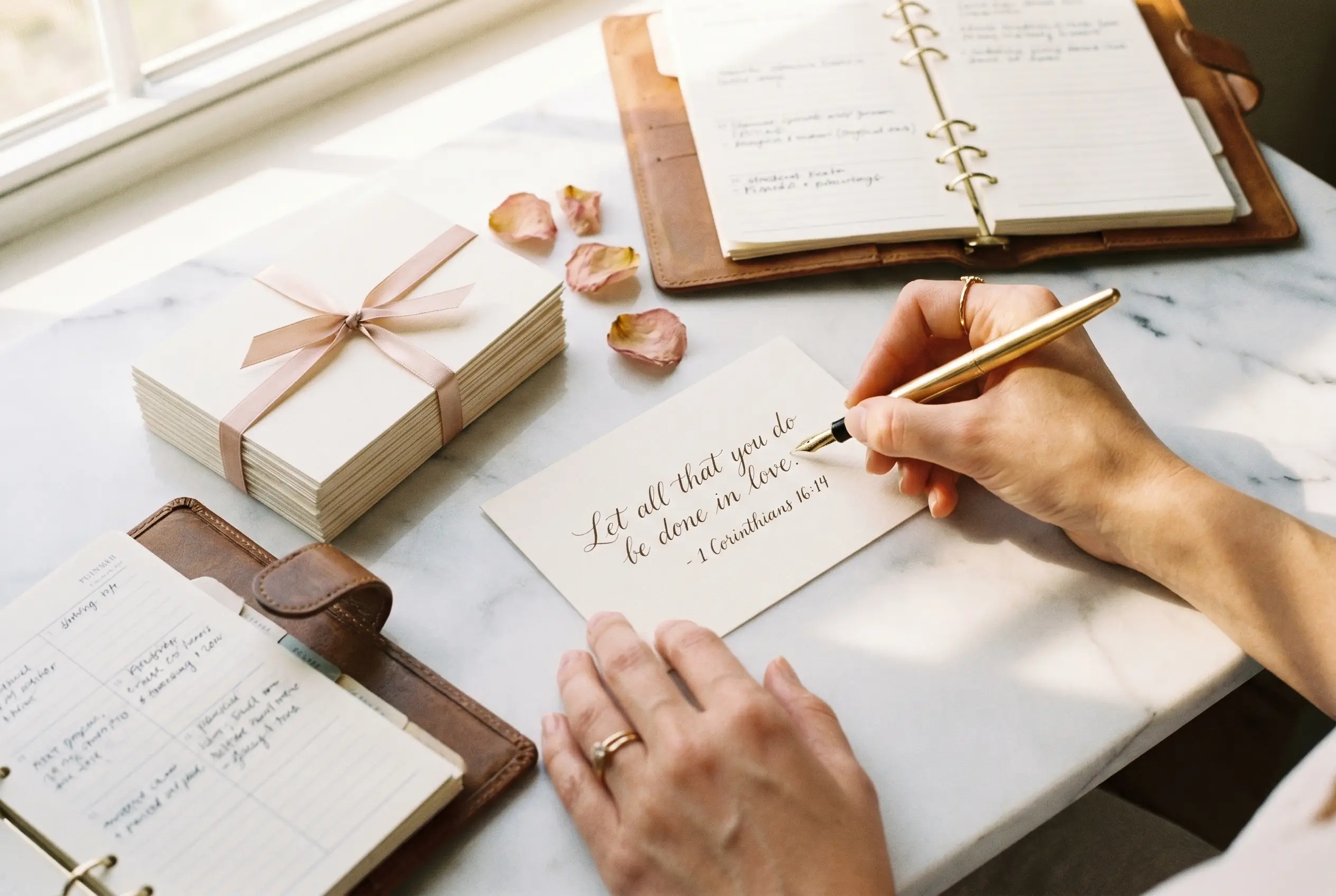 A woman&rsquo;s hand writes a Bible verse in calligraphy on a cream cardstock card beside a ribbon-tied stack of finished verse cards on a marble desk