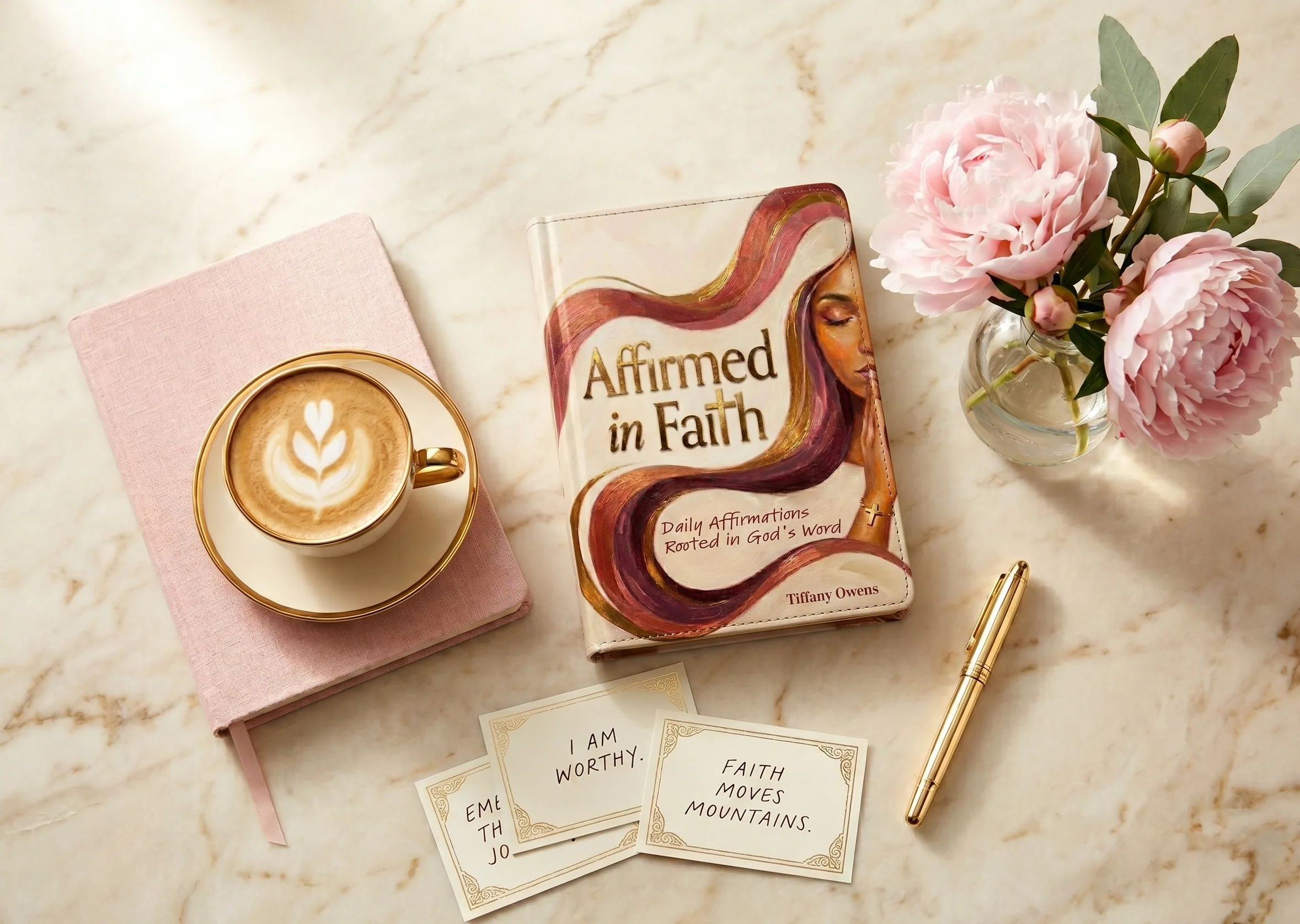 A purposeful desk with the Affirmed in Faith book, fresh roses, and a journal — the daily rhythm of a woman walking in her calling
